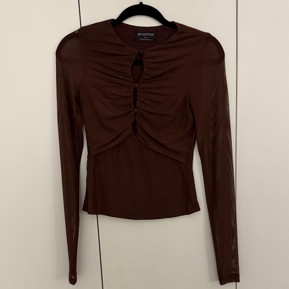 MINKPINK Chocolate Brown Ruched Mesh Long Sleeve Top